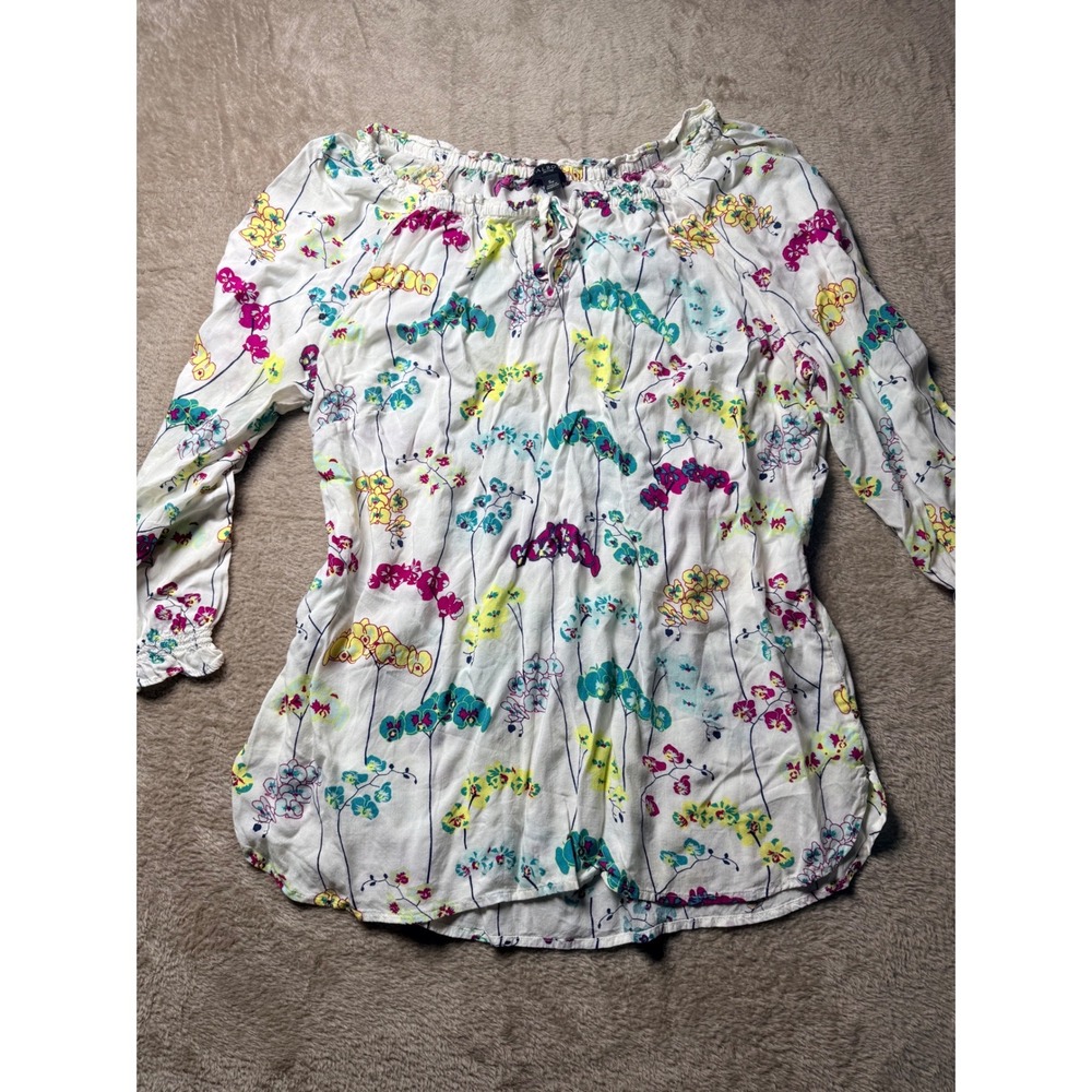 Talbots Petites White Floral Orchid Rayon Blouse Split Neck Top SP Cottagecore
